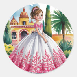 Adesivo Redondo Menina de Quinceañera, rosa e branca