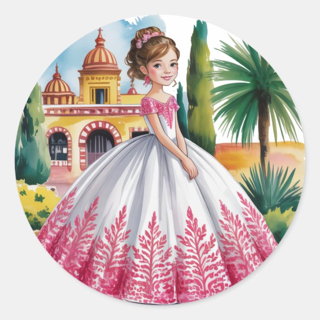 Adesivo Redondo Menina de Quinceañera, rosa e branca (Frente)