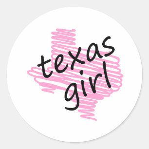 Adesivo Redondo Menina de Texas com o mapa Scribbled de Texas