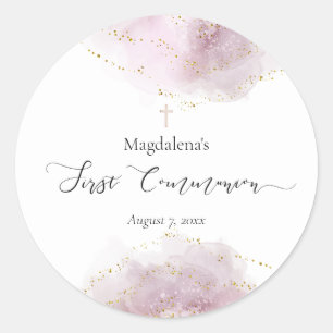 Adesivo Redondo menina decor de aquarela Primeira Comunhão