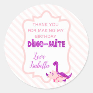 Adesivo Redondo Menina Dinossauro Rosa Dino Mite Obrigado  