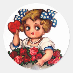 Adesivo Redondo Menina do vintage com arco, rosas & coração das
