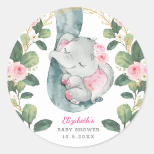 Adesivo Redondo Menina Dourada Rosa, Elefante Cinzento