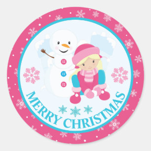 Adesivo Redondo Menina e Boneco de Neve de Natal Rosa e Azul