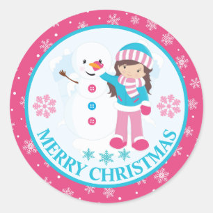 Adesivo Redondo Menina e Boneco de Neve de Natal Rosa e Azul