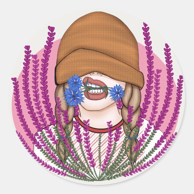 Adesivo Redondo Menina engraçada com flores (Frente)