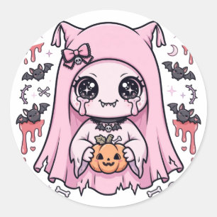 Adesivo Redondo Menina Fantasma Rosa Fofa Kawaii Abóbora de Hallow