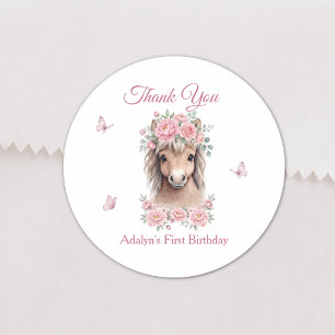 Adesivo Redondo Menina Fofa Cavalo Floral Rosa Primeiro Aniversári