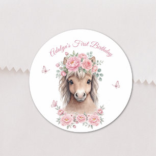 Adesivo Redondo Menina Fofa Cavalo Floral Rosa Primeiro Aniversári