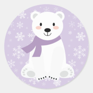 Adesivo Redondo Menina Fofa Urso Polar Inverno Floco de Neve Roxo