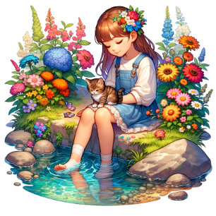 Adesivo Redondo Menina Jovem com Gatinho no Colo