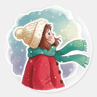 Adesivo Redondo menina olhando para a neve