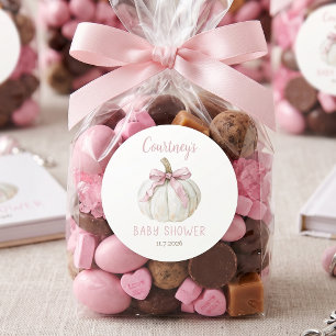 Adesivo Redondo Menina Pequena Abóbora Chuveiro de Bebê Laço Rosa