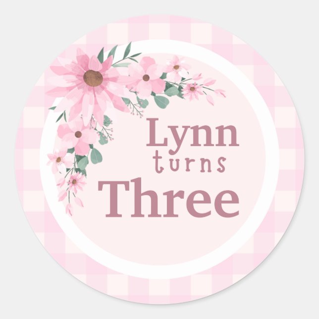 Adesivo Redondo menina pequena Floral Rosa Aniversário idade perso (Frente)