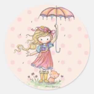 Adesivo Redondo Menina Pouco Caprichosa e Gatinho na Chuva