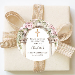 Adesivo Redondo Menina Primeira Comunhão Arco de Florais Rosa Cruz