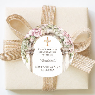 Adesivo Redondo Menina Primeira Comunhão Arco de Florais Rosa Cruz