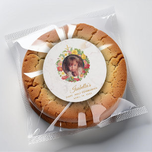 Adesivo Redondo Menina Primeira Comunhão Mármore Foto em Coroa de 