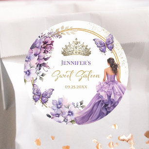 Adesivo Redondo Menina Princesa Tiara Floral Lilás Roxo Sweet 16
