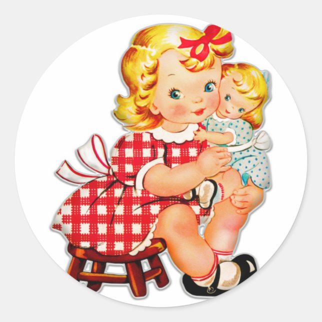 Adesivo Redondo Menina retro vintage boneca criança (Frente)