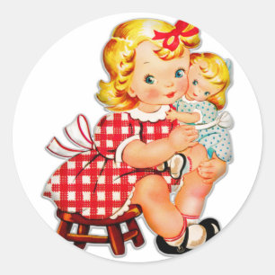 Adesivo Redondo Menina retro vintage boneca criança