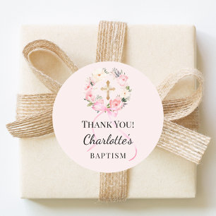 Adesivo Redondo Menina rosa batismo floral coroa de flores cruz ob