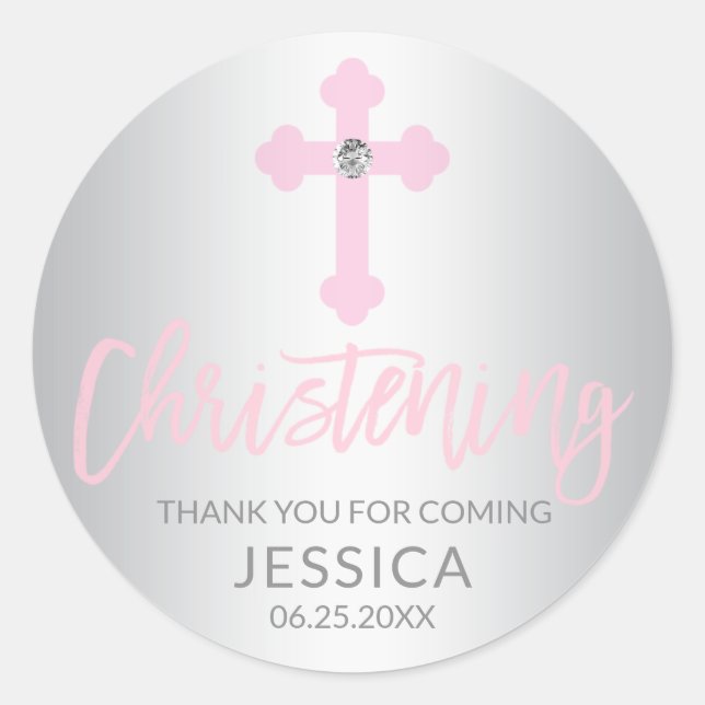 Adesivo Redondo Menina Rosa Rosa Moderna, Criança de Natal Obrigad (Frente)