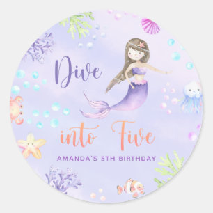 Adesivo Redondo Menina Sereia Mergulhe Nos Cinco 5º Aniversário