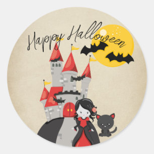 Adesivo Redondo Menina Vampira Fofa e Castelo Assombrado Halloween