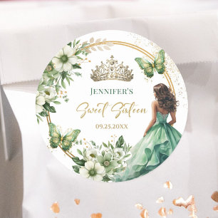 Adesivo Redondo Menina Verde Esmeralda Princesa Tiara Floral Sweet