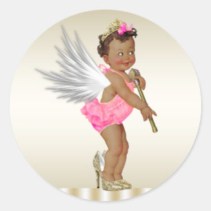 Adesivo Redondo Meninas Anjo de Salto Alto em Ouro Rosado para Chá