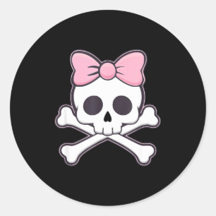 Adesivo Redondo Meninas Caveira Fofa Com Laço Rosa Kawaii Goth Cav