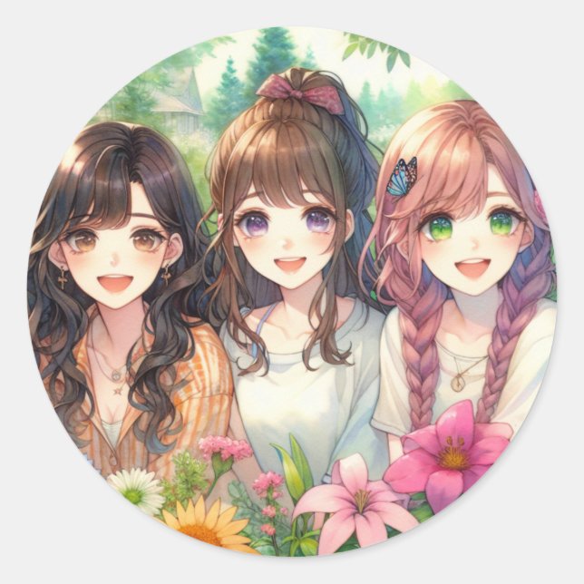 Adesivo Redondo Meninas de anime bonitas (Frente)