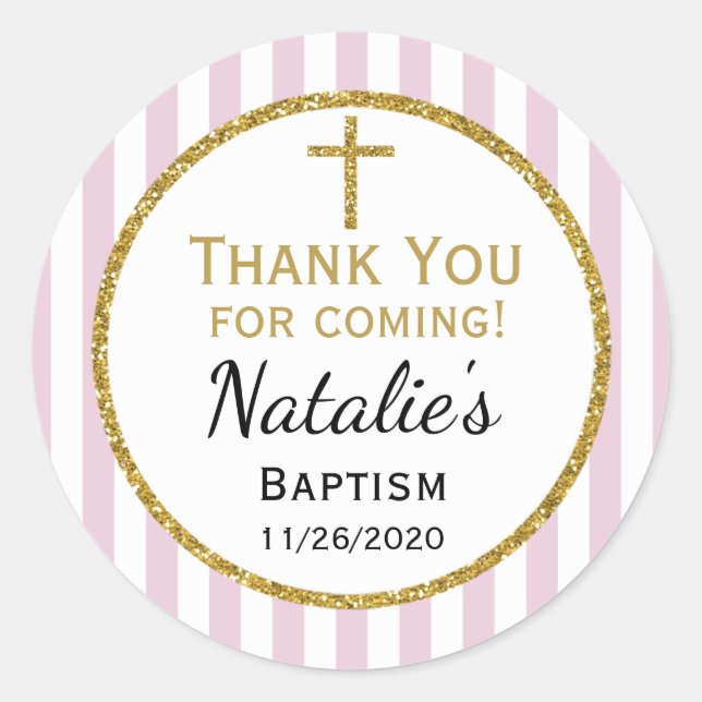Adesivo Redondo Meninas Douradas Rosa Baptism Obrigado Ponham Etiq (Frente)