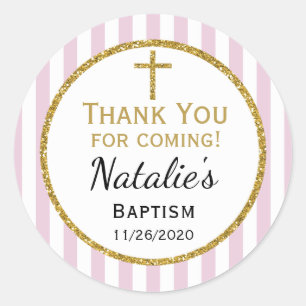 Adesivo Redondo Meninas Douradas Rosa Baptism Obrigado Ponham Etiq