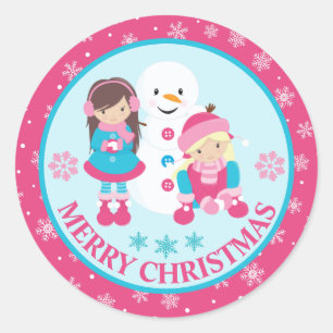 Adesivo Redondo Meninas e Boneco de Neve de Natal Rosa e Azul na N