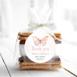 Adesivo Redondo Meninas Festa de Chá de fraldas de Borboleta Rosa 