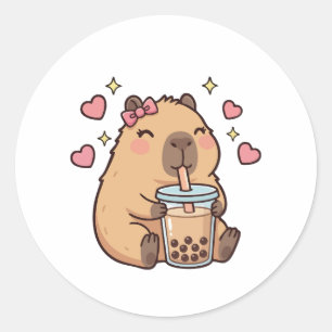 Adesivo Redondo Meninas Fofas Capivara Ramen Kawaii Chá Kawaii Cap