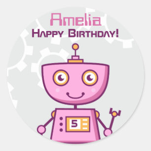 Adesivo Redondo Meninas Robô Rosa Feliz Aniversário