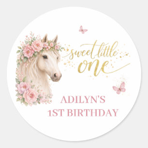 Adesivo Redondo Meninas Rosa Floral Cavalo Aniversário de 1 ano