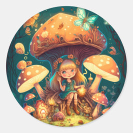 Adesivo Redondo Menininha viva entre os cogumelos