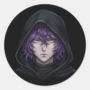 Adesivo Redondo Menino Anime com Capuz Escuro e Cabelo Roxo