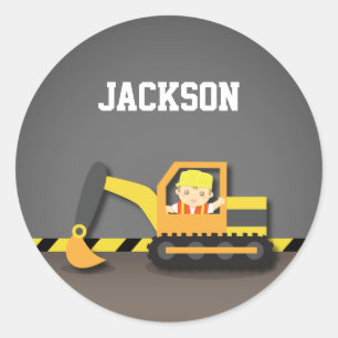 Adesivo Redondo Menino Construtor Excavadeira Laranja Fofo