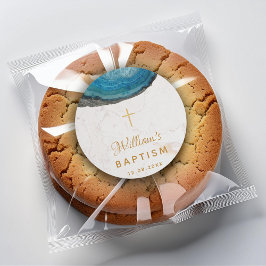 Adesivo Redondo Menino de Geodo Azul Batismo Mármore Branco Cruz D