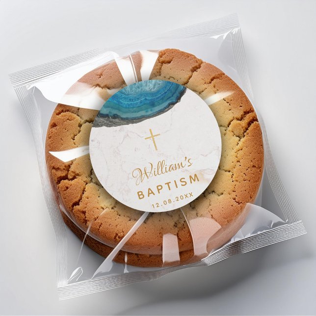 Adesivo Redondo Menino Geodo Azul Batismo Mármore Branco Cruz Dour (Criador carregado)