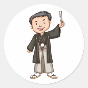 Adesivo Redondo Menino Japonês Fofo em Kimono Tradicional Hakama S
