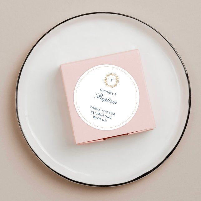 Adesivo Redondo Menino Minimalista Baptism Christening Ouro Wreath (Criador carregado)