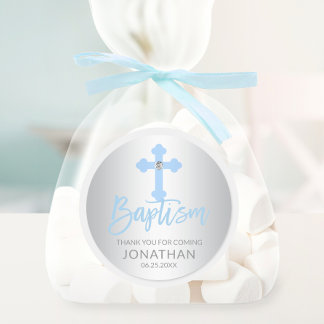 Adesivo Redondo Menino Moderno, Blue Cross Baptism Boy Obrigado