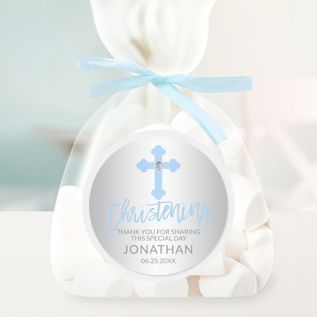 Adesivo Redondo Menino Moderno Blue Cross Christening Boy Obrigado (Modern Baby Blue Cross Christening Boy Thank You Classic Round Sticker)