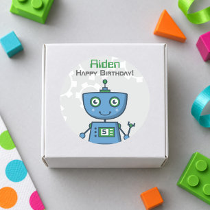 Adesivo Redondo Meninos do Robô Azul Feliz Aniversário